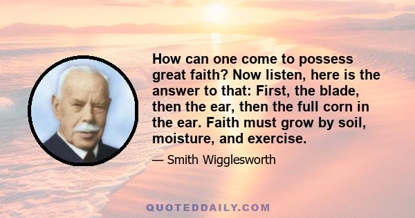 How can one come to possess great faith? Now listen, here is the answer to that: First, the blade, then the ear, then the full corn in the ear. Faith must grow by soil, moisture, and exercise.