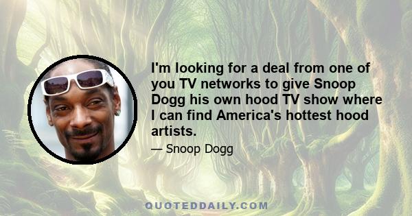 I'm looking for a deal from one of you TV networks to give Snoop Dogg his own hood TV show where I can find America's hottest hood artists.