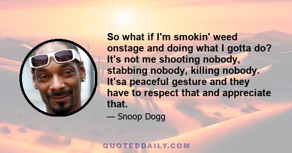 So what if I'm smokin' weed onstage and doing what I gotta do? It's not me shooting nobody, stabbing nobody, killing nobody. It'sa peaceful gesture and they have to respect that and appreciate that.