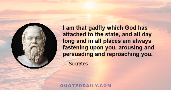 I am that gadfly which God has attached to the state, and all day long and in all places am always fastening upon you, arousing and persuading and reproaching you.