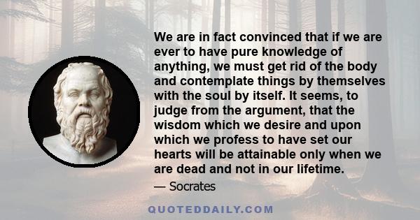 We are in fact convinced that if we are ever to have pure knowledge of anything, we must get rid of the body and contemplate things by themselves with the soul by itself. It seems, to judge from the argument, that the