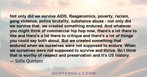 Not only did we survive AIDS, Reaganomics, poverty, racism, gang violence, police brutality, substance abuse - not only did we survive that, we created something endured. And whatever you might think of commercial hip