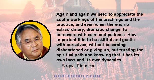 Again and again we need to appreciate the subtle workings of the teachings and the practice, and even when there is no extraordinary, dramatic change, to persevere with calm and patience. How important it is to be