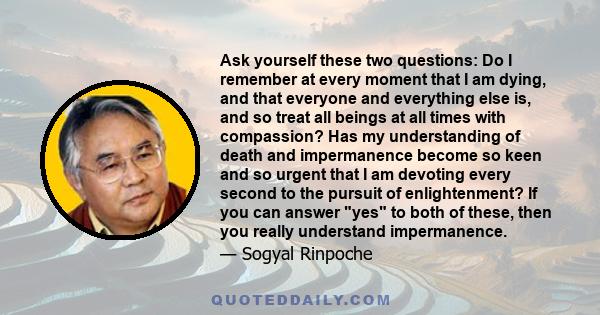 Ask yourself these two questions: Do I remember at every moment that I am dying, and that everyone and everything else is, and so treat all beings at all times with compassion? Has my understanding of death and