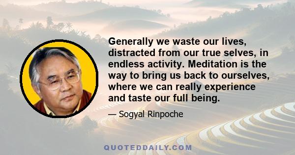 Generally we waste our lives, distracted from our true selves, in endless activity. Meditation is the way to bring us back to ourselves, where we can really experience and taste our full being.