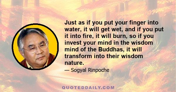 Just as if you put your finger into water, it will get wet, and if you put it into fire, it will burn, so if you invest your mind in the wisdom mind of the Buddhas, it will transform into their wisdom nature.