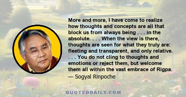 More and more, I have come to realize how thoughts and concepts are all that block us from always being . . . in the absolute. . . . When the view is there, thoughts are seen for what they truly are: fleeting and