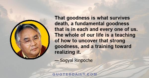 That goodness is what survives death, a fundamental goodness that is in each and every one of us. The whole of our life is a teaching of how to uncover that strong goodness, and a training toward realizing it.