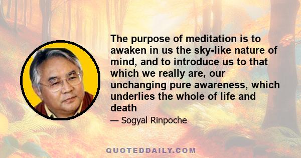 The purpose of meditation is to awaken in us the sky-like nature of mind, and to introduce us to that which we really are, our unchanging pure awareness, which underlies the whole of life and death