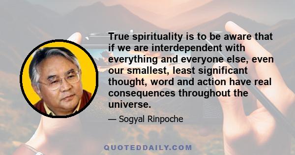 True spirituality is to be aware that if we are interdependent with everything and everyone else, even our smallest, least significant thought, word and action have real consequences throughout the universe.