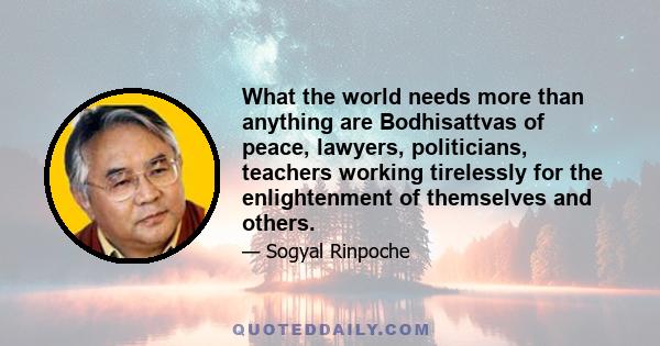 What the world needs more than anything are Bodhisattvas of peace, lawyers, politicians, teachers working tirelessly for the enlightenment of themselves and others.