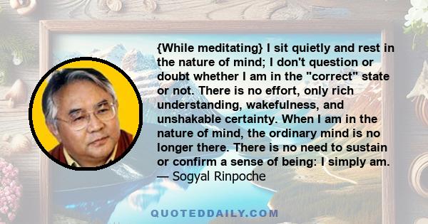 {While meditating} I sit quietly and rest in the nature of mind; I don't question or doubt whether I am in the correct state or not. There is no effort, only rich understanding, wakefulness, and unshakable certainty.