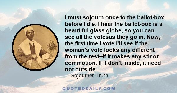 I must sojourn once to the ballot-box before I die. I hear the ballot-box is a beautiful glass globe, so you can see all the votesas they go in. Now, the first time I vote I'll see if the woman's vote looks any