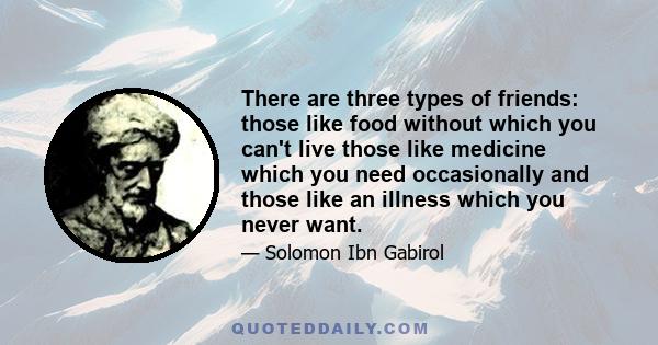 There are three types of friends: those like food without which you can't live those like medicine which you need occasionally and those like an illness which you never want.