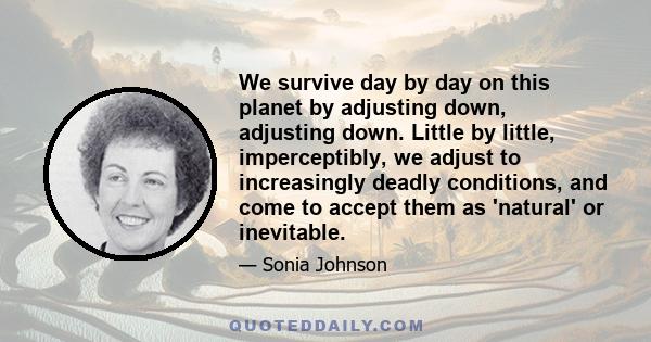 We survive day by day on this planet by adjusting down, adjusting down. Little by little, imperceptibly, we adjust to increasingly deadly conditions, and come to accept them as 'natural' or inevitable.