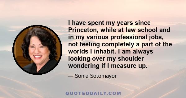 I have spent my years since Princeton, while at law school and in my various professional jobs, not feeling completely a part of the worlds I inhabit. I am always looking over my shoulder wondering if I measure up.