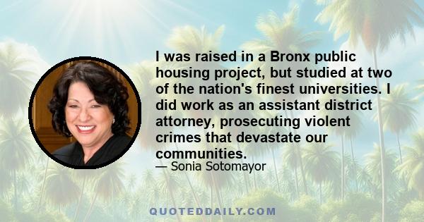 I was raised in a Bronx public housing project, but studied at two of the nation's finest universities. I did work as an assistant district attorney, prosecuting violent crimes that devastate our communities.