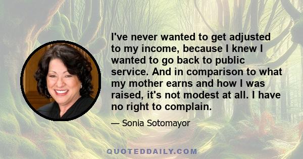 I've never wanted to get adjusted to my income, because I knew I wanted to go back to public service. And in comparison to what my mother earns and how I was raised, it's not modest at all. I have no right to complain.