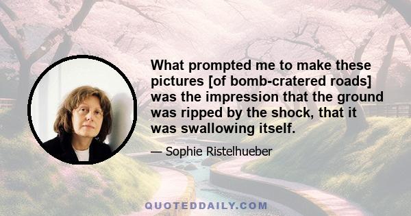 What prompted me to make these pictures [of bomb-cratered roads] was the impression that the ground was ripped by the shock, that it was swallowing itself.