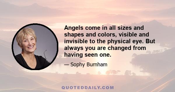 Angels come in all sizes and shapes and colors, visible and invisible to the physical eye. But always you are changed from having seen one.