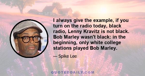 I always give the example, if you turn on the radio today, black radio, Lenny Kravitz is not black. Bob Marley wasn't black: in the beginning, only white college stations played Bob Marley.