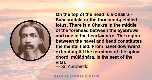 On the top of the head is a Chakra - Sahasradala or the thousand-petalled lotus. There is a Chakra in the middle of the forehead between the eyebrows and one in the heart-centre. The region between the navel and head