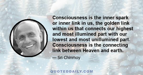 Consciousness is the inner spark or inner link in us, the golden link within us that connects our highest and most illumined part with our lowest and most unillumined part. Consciousness is the connecting link between