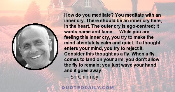 How do you meditate? You meditate with an inner cry. There should be an inner cry here, in the heart. The outer cry is ego-centred; it wants name and fame. ... While you are feeling this inner cry, you try to make the