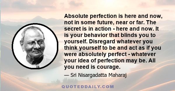 Absolute perfection is here and now, not in some future, near or far. The secret is in action - here and now. It is your behavior that blinds you to yourself. Disregard whatever you think yourself to be and act as if