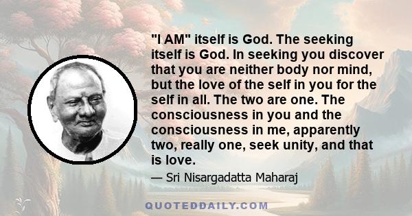 I AM itself is God. The seeking itself is God. In seeking you discover that you are neither body nor mind, but the love of the self in you for the self in all. The two are one. The consciousness in you and the