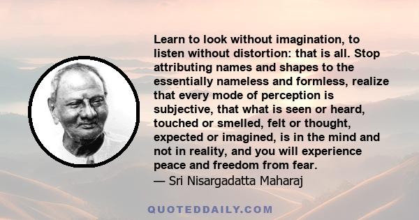 Learn to look without imagination, to listen without distortion: that is all. Stop attributing names and shapes to the essentially nameless and formless, realize that every mode of perception is subjective, that what is 