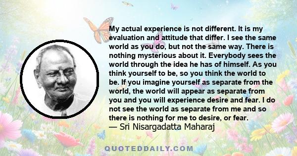 My actual experience is not different. It is my evaluation and attitude that differ. I see the same world as you do, but not the same way. There is nothing mysterious about it. Everybody sees the world through the idea