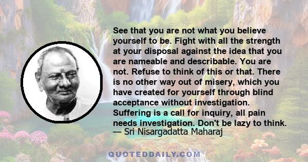 See that you are not what you believe yourself to be. Fight with all the strength at your disposal against the idea that you are nameable and describable. You are not. Refuse to think of this or that. There is no other