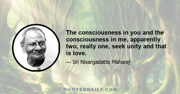 The consciousness in you and the consciousness in me, apparently two, really one, seek unity and that is love.