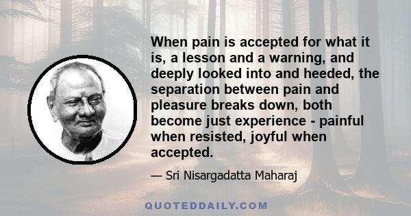 When pain is accepted for what it is, a lesson and a warning, and deeply looked into and heeded, the separation between pain and pleasure breaks down, both become just experience - painful when resisted, joyful when