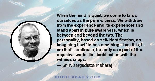 When the mind is quiet, we come to know ourselves as the pure witness. We withdraw from the experience and its experiencer and stand apart in pure awareness, which is between and beyond the two. The personality, based