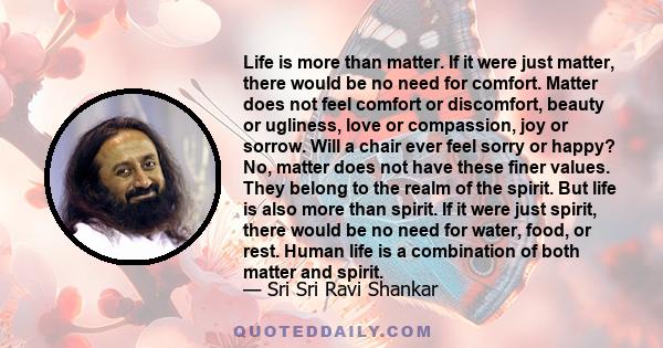 Life is more than matter. If it were just matter, there would be no need for comfort. Matter does not feel comfort or discomfort, beauty or ugliness, love or compassion, joy or sorrow. Will a chair ever feel sorry or