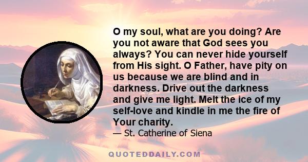 O my soul, what are you doing? Are you not aware that God sees you always? You can never hide yourself from His sight. O Father, have pity on us because we are blind and in darkness. Drive out the darkness and give me