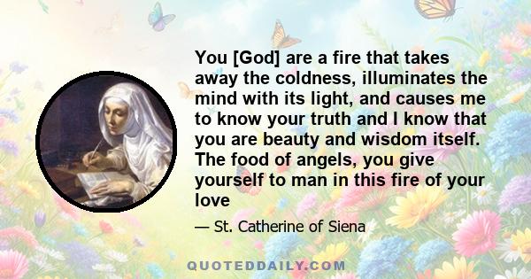 You [God] are a fire that takes away the coldness, illuminates the mind with its light, and causes me to know your truth and I know that you are beauty and wisdom itself. The food of angels, you give yourself to man in