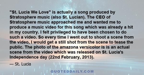 St. Lucia We Love is actually a song produced by Stratosphere music (also St. Lucian). The CEO of Stratosphere music approached me and wanted me to produce a music video for this song which was already a hit in my