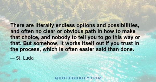 There are literally endless options and possibilities, and often no clear or obvious path in how to make that choice, and nobody to tell you to go this way or that. But somehow, it works itself out if you trust in the