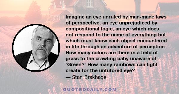 Imagine an eye unruled by man-made laws of perspective, an eye unprejudiced by compositional logic, an eye which does not respond to the name of everything but which must know each object encountered in life through an