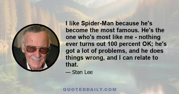 I like Spider-Man because he's become the most famous. He's the one who's most like me - nothing ever turns out 100 percent OK; he's got a lot of problems, and he does things wrong, and I can relate to that.