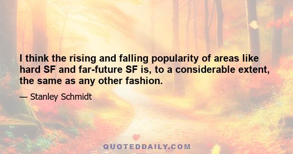 I think the rising and falling popularity of areas like hard SF and far-future SF is, to a considerable extent, the same as any other fashion.