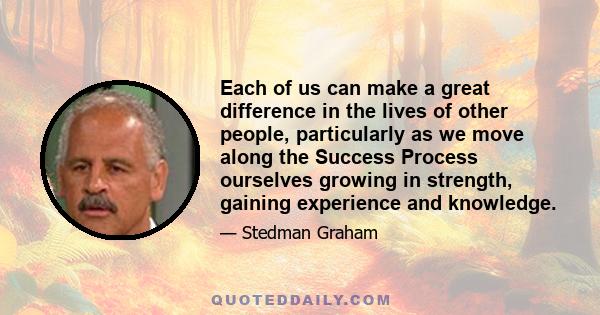 Each of us can make a great difference in the lives of other people, particularly as we move along the Success Process ourselves growing in strength, gaining experience and knowledge.