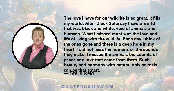 The love I have for our wildlife is so great, it fills my world. After Black Saturday I saw a world that was black and white, void of animals and humans. What I missed most was the love and life of living with the