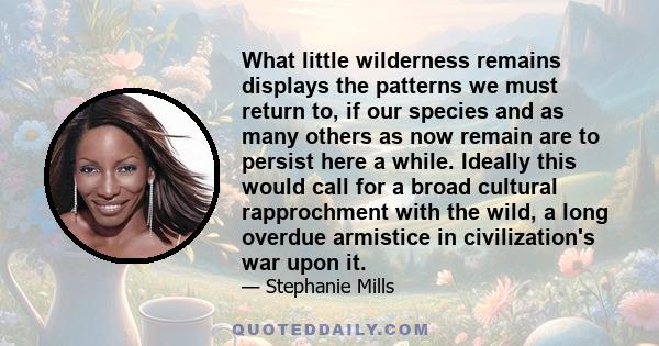 What little wilderness remains displays the patterns we must return to, if our species and as many others as now remain are to persist here a while. Ideally this would call for a broad cultural rapprochment with the