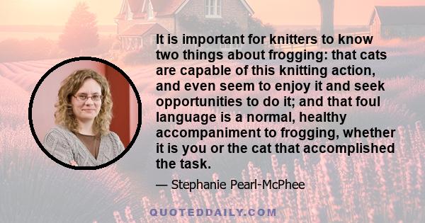 It is important for knitters to know two things about frogging: that cats are capable of this knitting action, and even seem to enjoy it and seek opportunities to do it; and that foul language is a normal, healthy