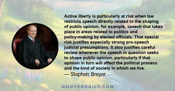 Active liberty is particularly at risk when law restricts speech directly related to the shaping of public opinion, for example, speech that takes place in areas related to politics and policy-making by elected