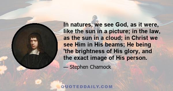 In natures, we see God, as it were, like the sun in a picture; in the law, as the sun in a cloud; in Christ we see Him in His beams; He being 'the brightness of His glory, and the exact image of His person.